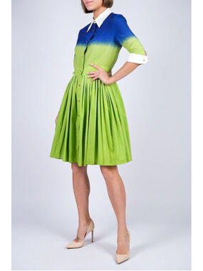 Moschino Blue Green Cotton Silk Pleated Shirt Dress